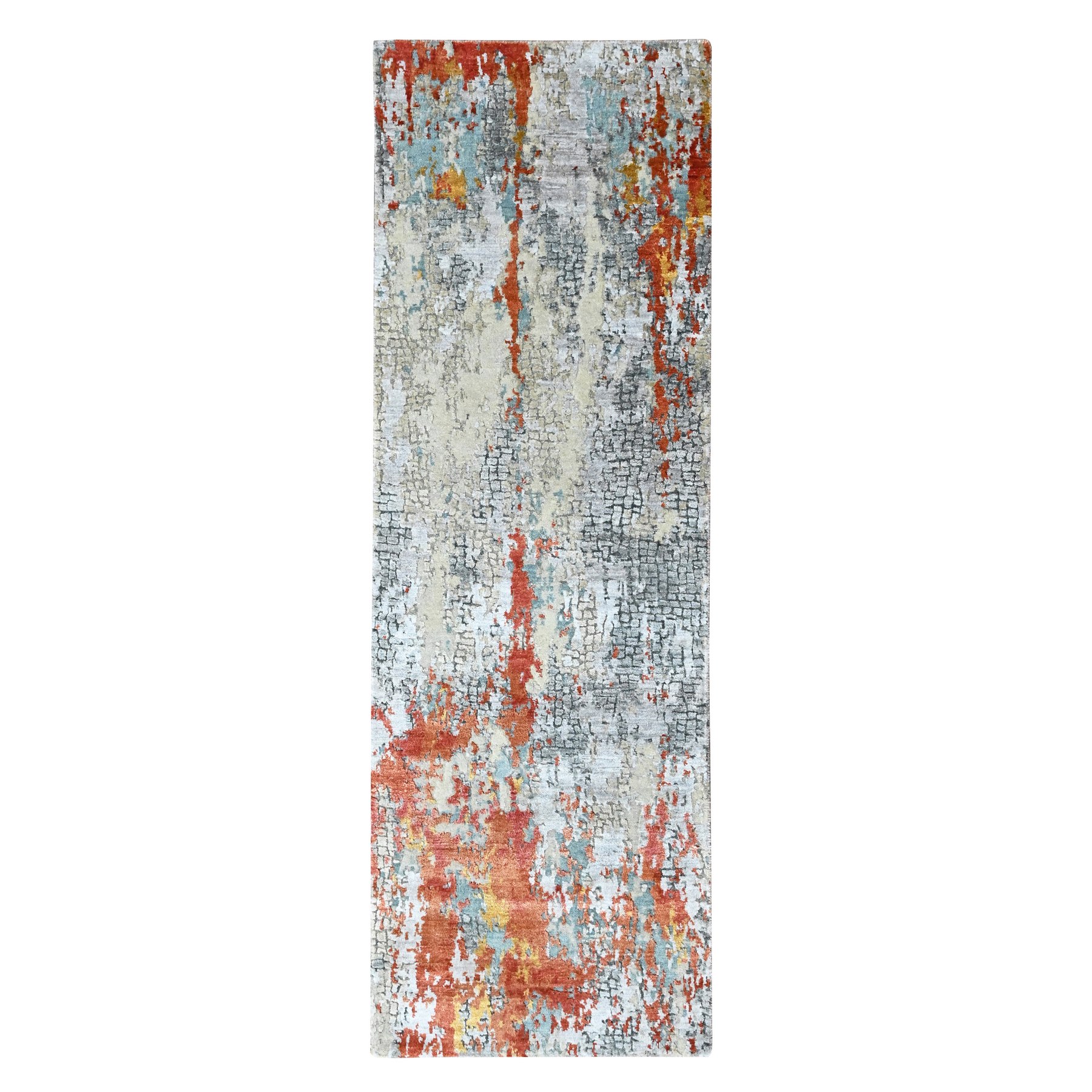 2'6"x7'10" Burnt Orange with Gray, Abstract with Fire Mosaic Design, Wool and Silk, Hand Knotted, Runner, Oriental Rug 